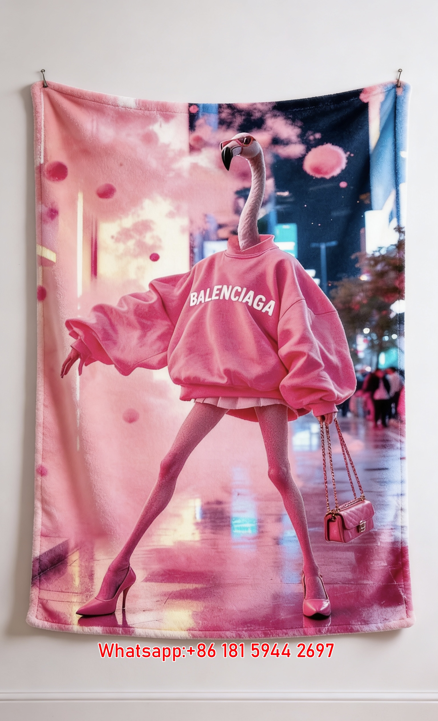 Balenciaga Pink Flamingo Street Style Flannel Sofa Throw Blanket BA214